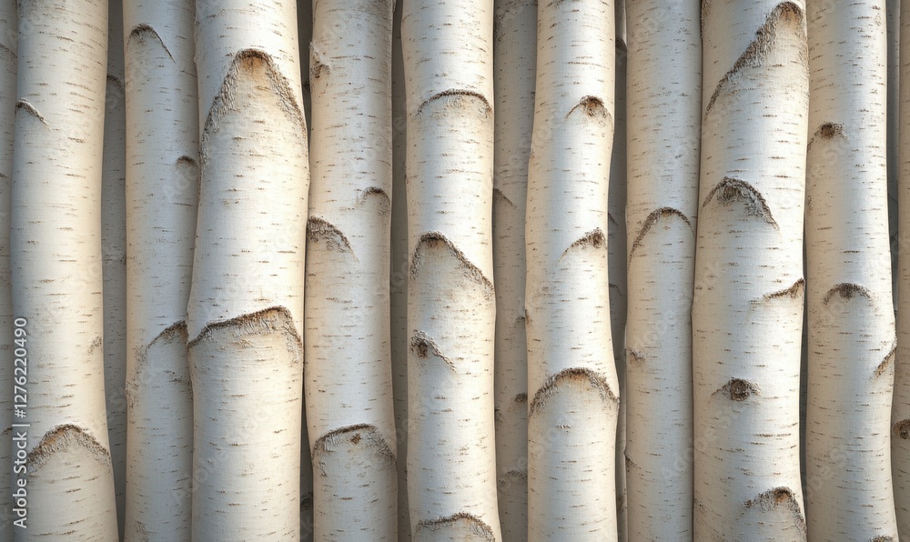 Poster close-up view of white birch tree trunks showcasing their textured bark in a serene forest setting