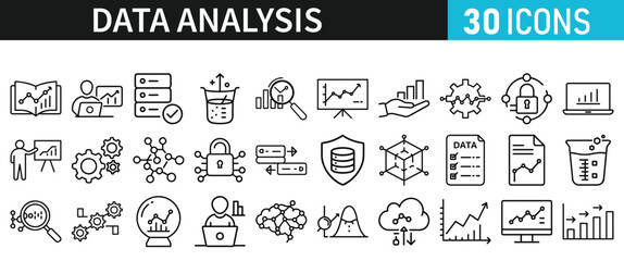 Data analysis set of icons for web. Data analytics icons in liner style. Bar Graphs, information, analysis, processing, research network collection, statistics, analytics, collection