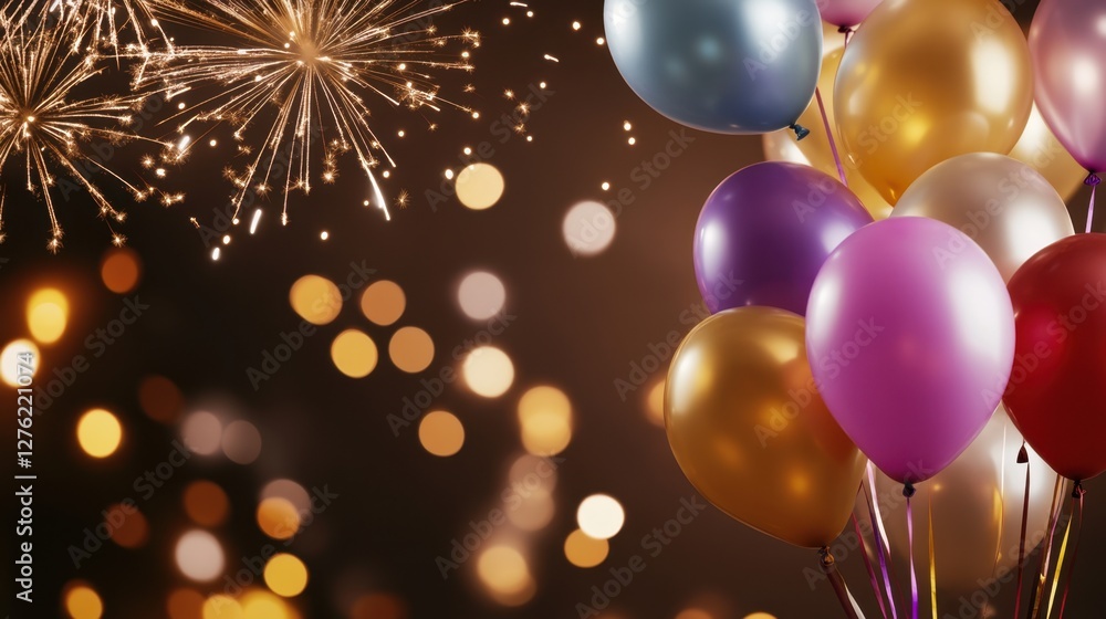 Poster a festive scene featuring a cluster of colorful balloons floating against a dark background illumina