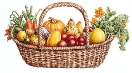 harvest autumn food in wicker basket vector illustration