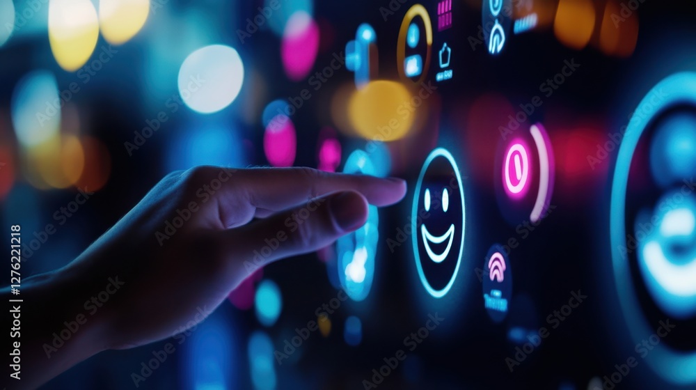 Aufkleber a hand presses a glowing smiley face button on a digital interface with various user experience icon