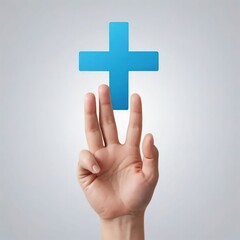 Fototapeta premium Hand Holding Blue Plus Sign Against Light Gray Background with Soft Focus