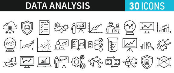 Data analysis set of icons for web. Data analytics icons in liner style. Bar Graphs, information, analysis, processing, research network collection, statistics, analytics, collection
