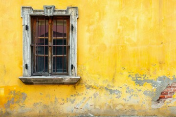 Photo of Yellow concrete wall with old wooden window in european city. Detailed image