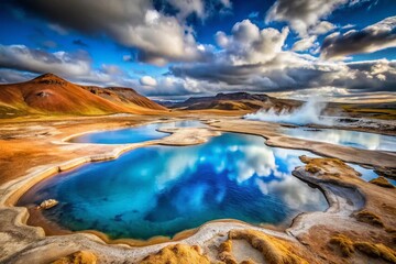 Iceland Geothermal Area: Vibrant Blue Lake & Steam Vents, Myvatn