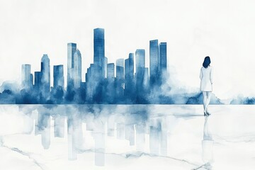 A woman in white gazes at a serene cityscape reflected in calm waters.