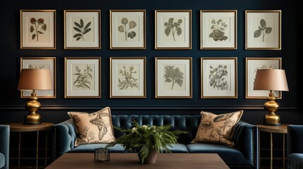 botanical pictures hanging on wall