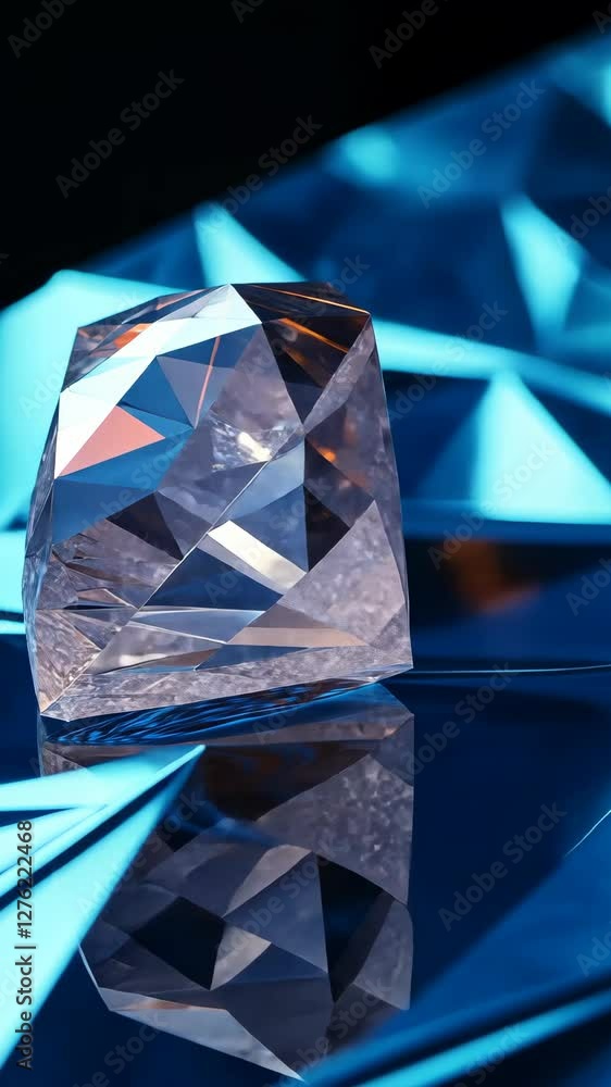 Poster sparkling crystal on a reflective blue surface showcasing intricate geometric patterns in soft light