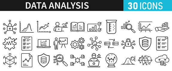 Data analysis set of icons for web. Data analytics icons in liner style. Bar Graphs, information, analysis, processing, research network collection, statistics, analytics, collection