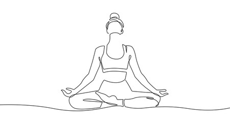 Woman Lotus Yoga Pose Line Art Drawing. Female Yoga Relax Sketch Linear Drawing. Abstract Minimal Female Meditation Silhouette Vector Illustration. Lotus Pose Trendy Contour Drawing