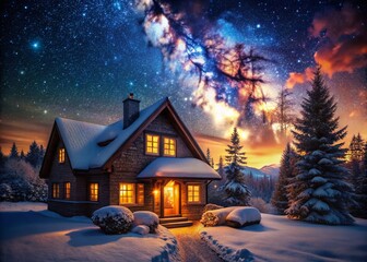 Fototapeta premium Illuminated House, Starry Night, Cozy Home, Warm Evening, Night Scene, Fashion Photography