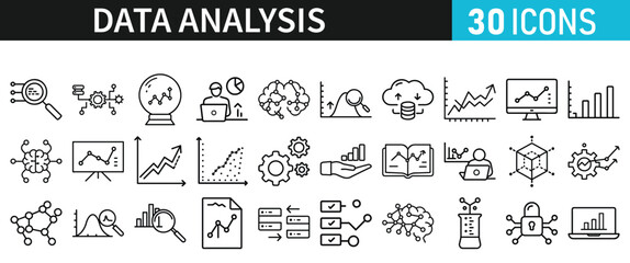 Data analysis set of icons for web. Data analytics icons in liner style. Bar Graphs, information, analysis, processing, research network collection, statistics, analytics, collection