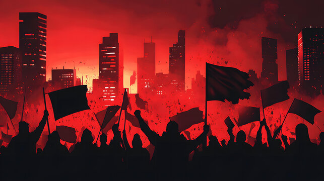 Red City Revolution Silhouetted Figures Holding Flags Amidst Fiery Debris