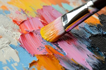 Obraz premium Close-up of colorful paint brushstrokes on canvas. Artificial Intelligence