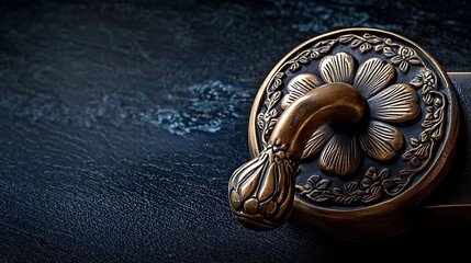Naklejka premium Close-up of an ornate antique door handle on a dark wooden surface, highlighting intricate design