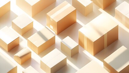 Assorted cardboard boxes are arranged on a white surface