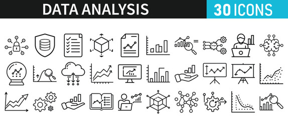 Data analysis set of icons for web. Data analytics icons in liner style. Bar Graphs, information, analysis, processing, research network collection, statistics, analytics, collection
