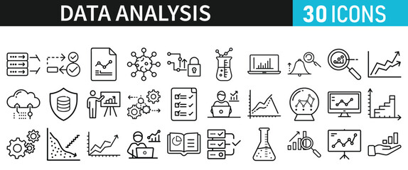 Data analysis set of icons for web. Data analytics icons in liner style. Bar Graphs, information, analysis, processing, research network collection, statistics, analytics, collection