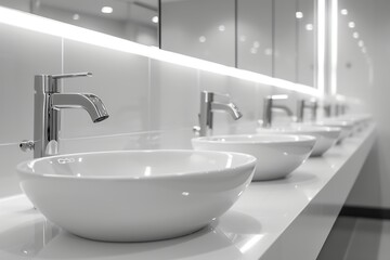 Fototapeta premium Row of white washbasins in modern bathroom