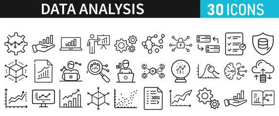 Data analysis set of icons for web. Data analytics icons in liner style. Bar Graphs, information, analysis, processing, research network collection, statistics, analytics, collection