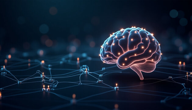 Glowing digital brain, neural network connections, futuristic technology, deep learning visualization, blue and pink neon lights, dark background, floating particles, holographic display,