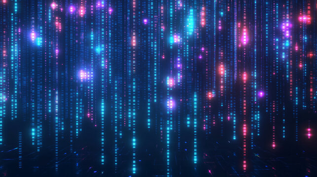 Abstract futuristic background featuring glowing neon binary code and holographic digital data flowing down on a dark blue background, creating a cyber technology concept. This matrix rain effect with