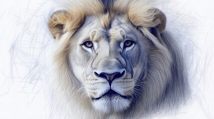 Fototapeta premium Majestic white lion portrait, sketched background, wildlife conservation
