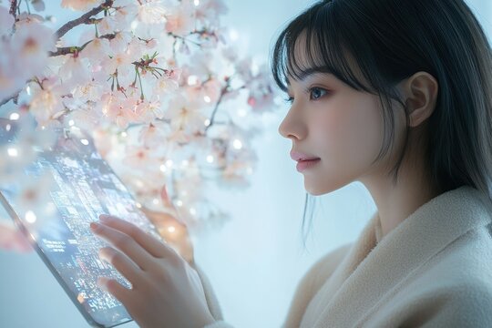 A young woman interacts with a futuristic tablet, surrounded by the delicate beauty of cherry blossoms. - Powered by Adobe