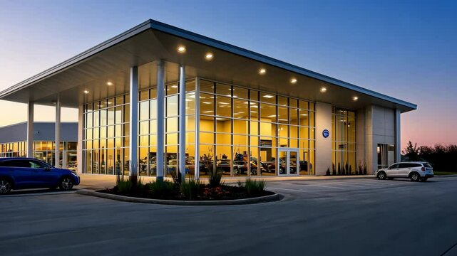 Modern car dealership showcases sleek designs and expansive glass facade during twilight hours