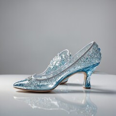 Obraz premium A pair of glass-inspired Cinderella slippers with shimmering effects, beautifully showcased on a white background.