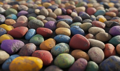 Colorful pebbles scattered on a surface, showcasing vibrant hues and textures, ideal for backgrounds