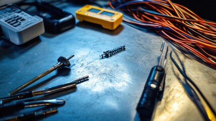 Damaged cables on a metal work surface next to diagnostic tools. Featuring visible frays and exposed copper wiring