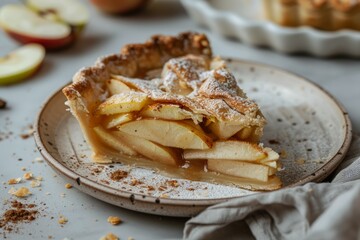 Classic apple pie slice on ceramic plate with warm lighting. Artificial intelligence image