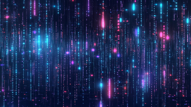 Abstract futuristic background featuring glowing neon binary code and holographic digital data flowing down on a dark blue background, creating a cyber technology concept. This matrix rain effect with