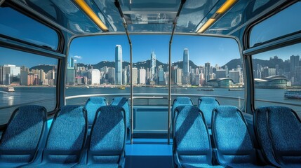 Fototapeta premium Stunning View of Hong Kong Skyline from Double-Decker Bus Interior