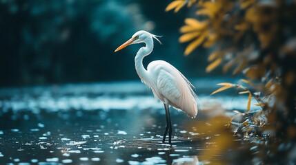Naklejka premium Elegant white egret wading in calm water, surrounded by lush greenery.