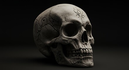 Obraz premium Detailed Human Skull on Dark Background with Carved Details