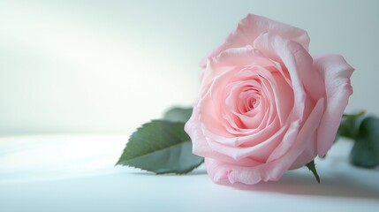 Fototapeta premium a delicate pink rose resting on a bright white background with space for a message
