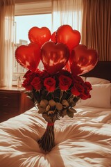 Romantic bouquet of red roses and heart balloons on a bed in sunlit bedroom