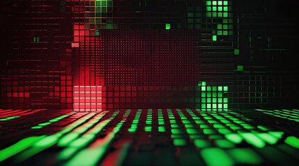 A dark red and green noise effect background with neon light shadows blends into the base background featuring a pixelated backdrop