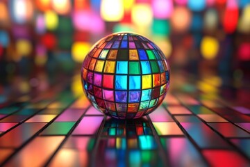 Vibrant mosaic sphere reflecting multicolored lights