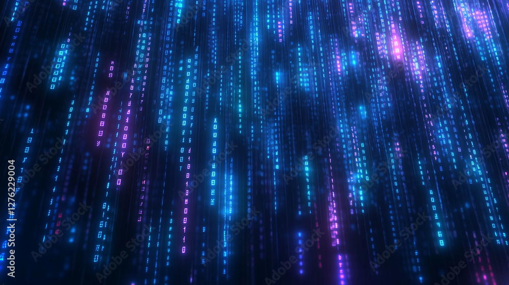 Aufkleber Abstract futuristic background featuring glowing neon binary code and holographic digital data flowing down on a dark blue background, creating a cyber technology concept. This matrix rain effect with