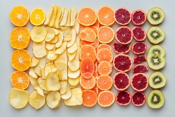Colorful fruit slices arranged in a gradient pattern on a table