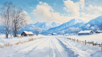 Fototapeta premium Beautiful winter landscape with snow covered trees and mountains in the background