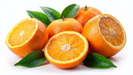 Juicy Ripe Oranges: Fresh Fruit with Slices and Leaves Isolated on White Background