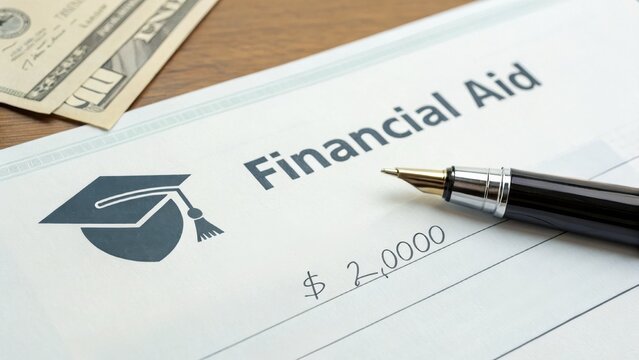 The image features a financial aid document, a pen, and a dollar bill, highlighting the concept of educational funding and scholarships.