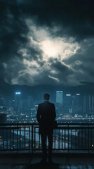 Fototapeta premium silhouette of man standing on bridge overlooking cityscape under dramatic stormy sky.