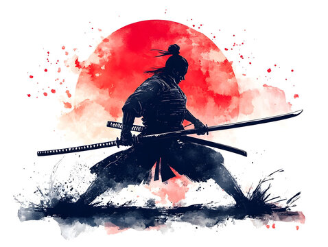 A lone samurai warrior in dynamic action pose against a watercolor red sun background