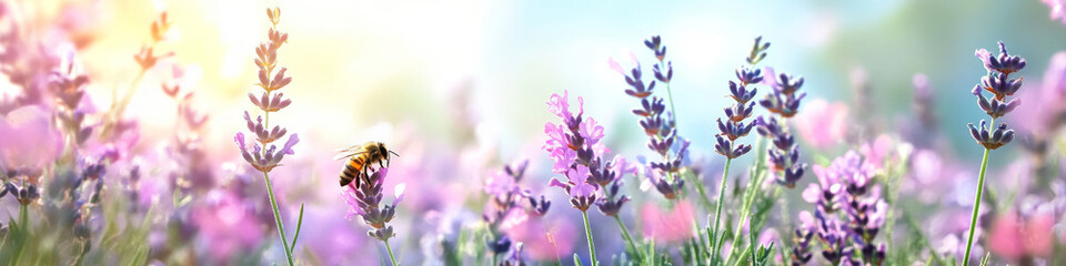 bee collecting nectar on vibrant lavender flowers in sunny field, evoking serene and natural atmosphere.