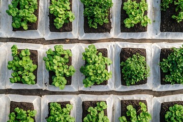 Top view of lettuce seedlings growing in a greenhouse
